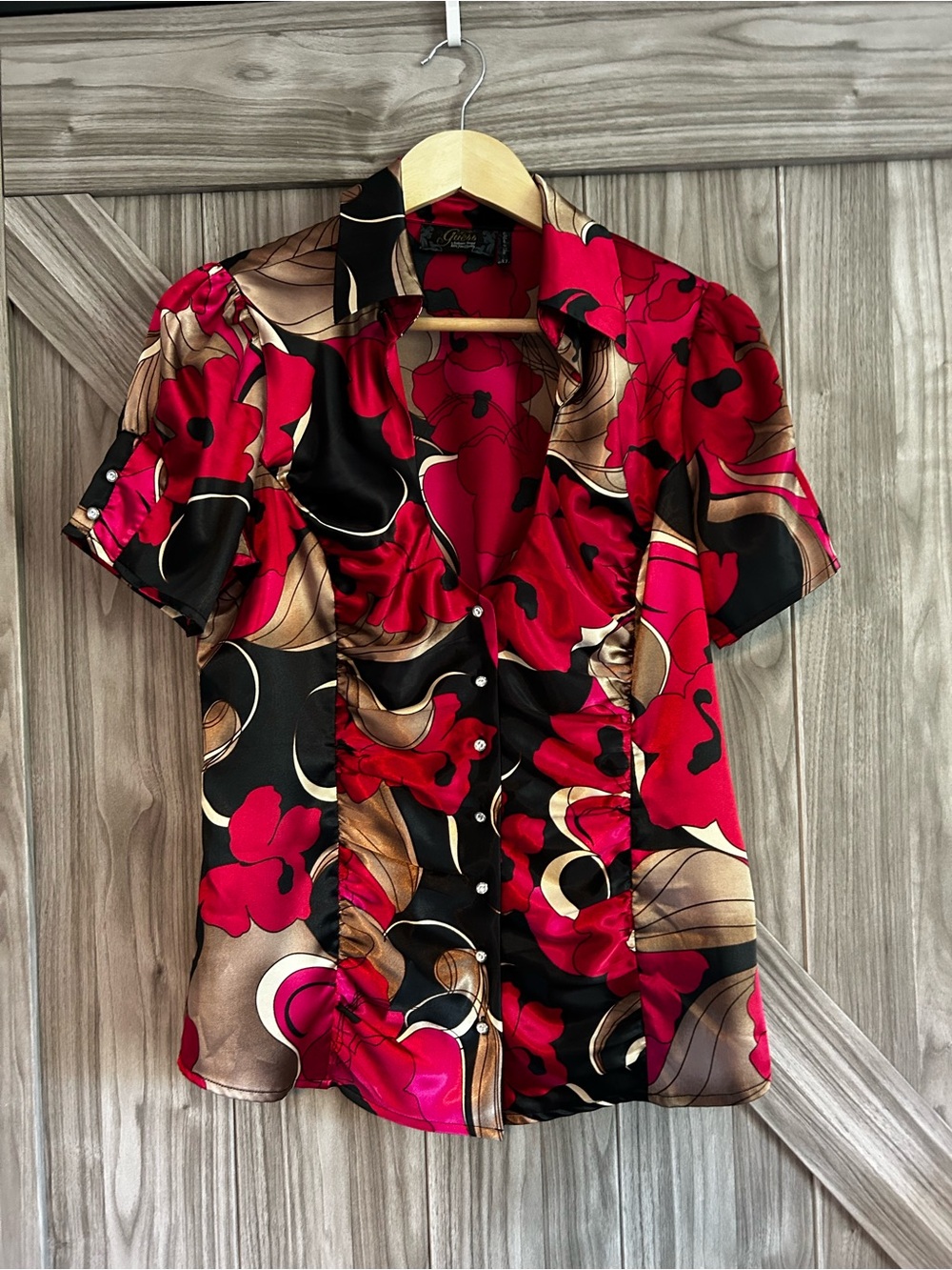 Guess Marciano Bold Satin Floral Ruched Blouse Red Black Gold Y2K - XL (m)